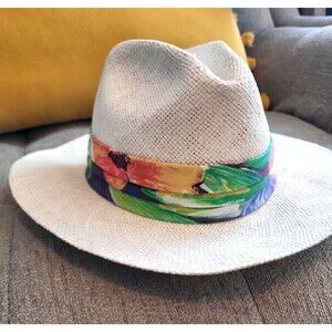 Vintage Dorfman Pacific Straw Fedora Floral Band Panama Summer Sun Shade Hat Sm